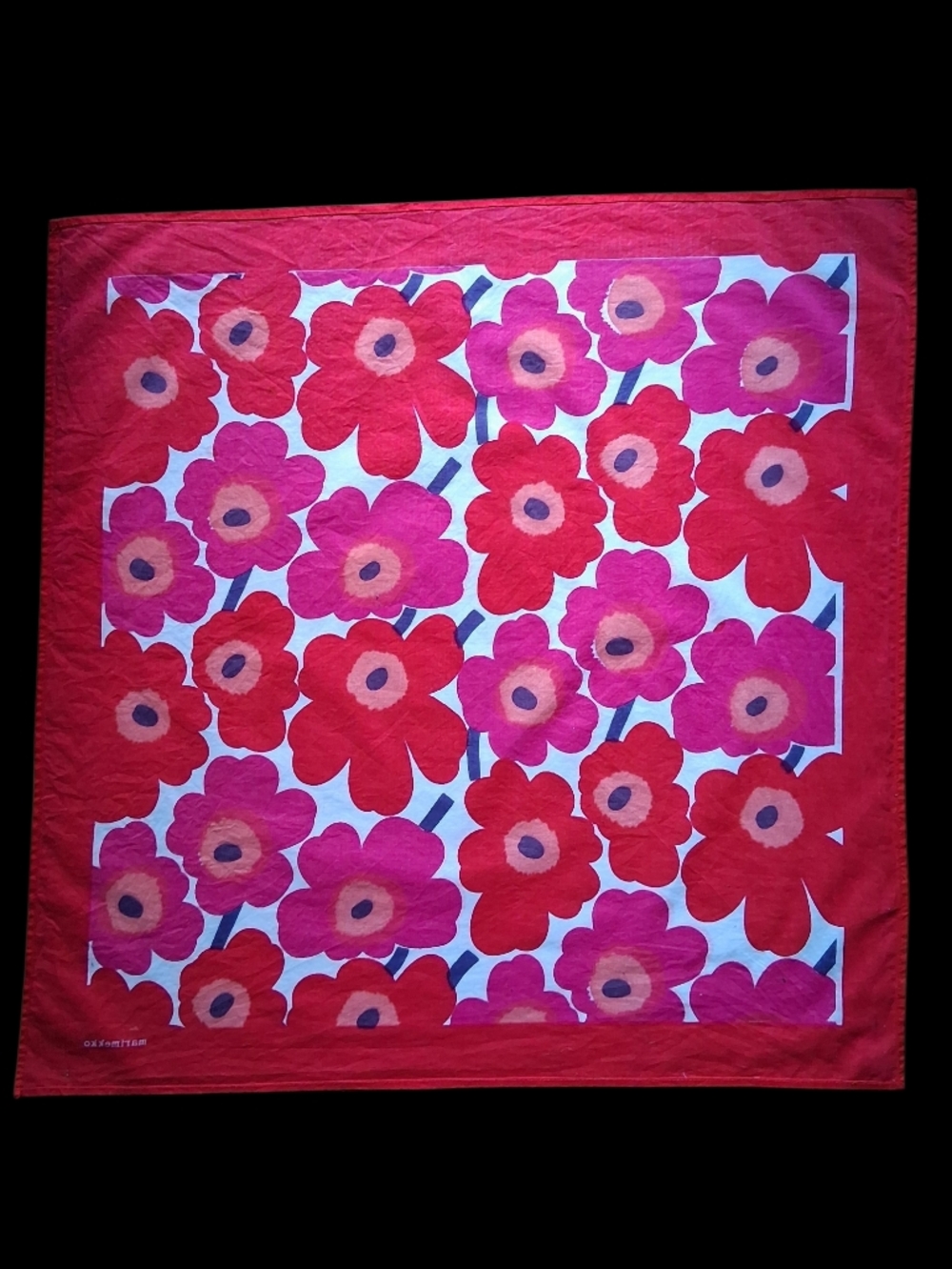 Marimekko "Unikko" Red and Pink Floral Cotton Bandana Scarf - Picture 4 of 6